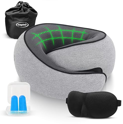 Magime Almohada Viscoelastica de Viaje Ergonómica 360° – Soporte Cervical para Avión, Tren o Oficina – Incluye Bolsa de Viaje, Máscara y Tapones – Ideal para Dormir sin Dolor de Cuello