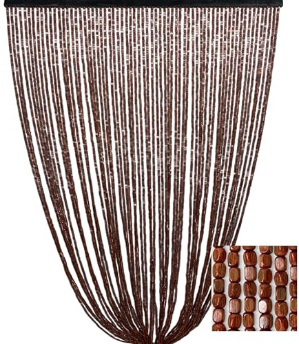 Cortina de cuentas de madera marrón hecha a mano Naturaleza – Hilos de bambú 100% natural – Barra negra – Uso interior – Decoración puerta – 120 x 220 cm