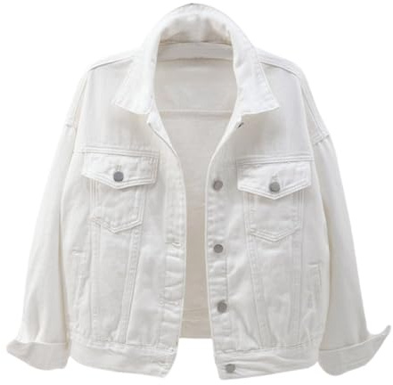 Foweknow Chaqueta vaquera corta para mujer, cómoda, manga larga, chaqueta vaquera con botón, chaqueta informal vintage, chaqueta de entretiempo, ropa de calle, monocolor, tallas grandes, chaqueta de