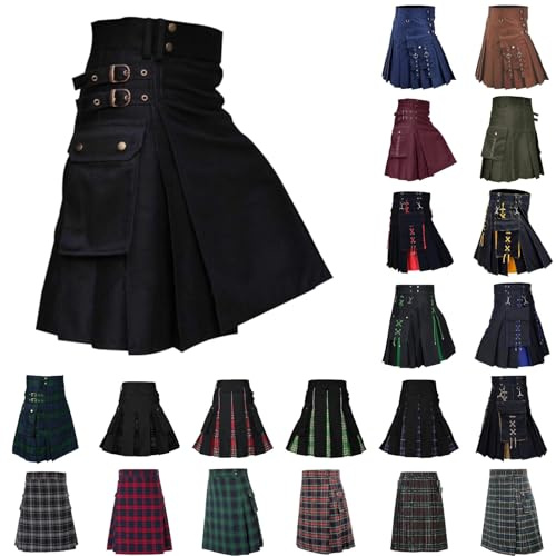 YOUYING Mens Scottish Kilts Traditional Highland Tartan Utility Kilt High Waist Buckle Strap Pleated Skirt with Cargo Pockets