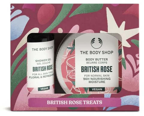 The Body Shop British Rose Treats Christmas Gift Set (Shower Gel 60ml + Body Butter 50ml), Festive Floral Duo with Rose Extract, Refreshing Cleanser & Velvety Moisturiser for Soft Skin, Vegan