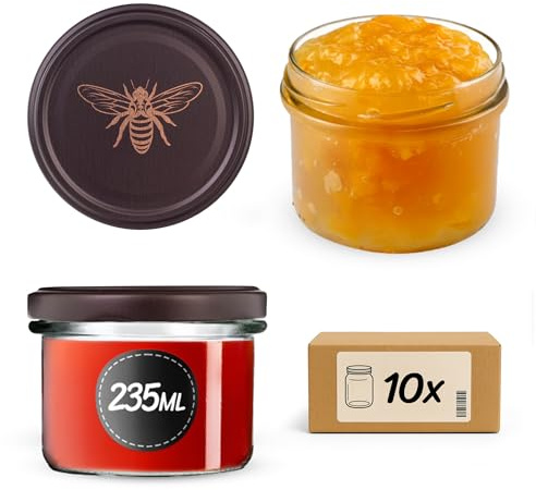 KADAX konserveringsburkar 235 ml med skruvlock fi82 mm, små syltburkar med lock, skruvburkar för sylt och honung, fallburkar, förvaringsburkar av glas (guldbie, 10 stycken)