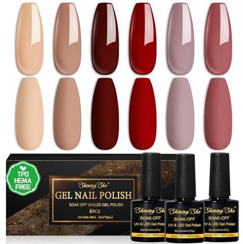 Shining She Pintauñas Semipermanentes sin TPO sin HEMA, 6 Colores Almond Rojo Marrón Gris-morado Esmaltes Semipermanentes Para Uñas en Gel UV LED para Novato Otoño e invierno Nail Art DIY, 8ML