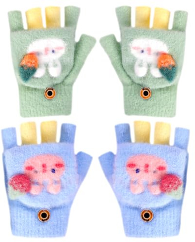 Guantes sin Dedos para Niños, 2 Pares Conejo Guantes de Invierno, Conejo Calientes Guantes, Manoplas con Botón con Solapa, Convertibles Flip Top Guantes para Niños Niñas 4-8 Años