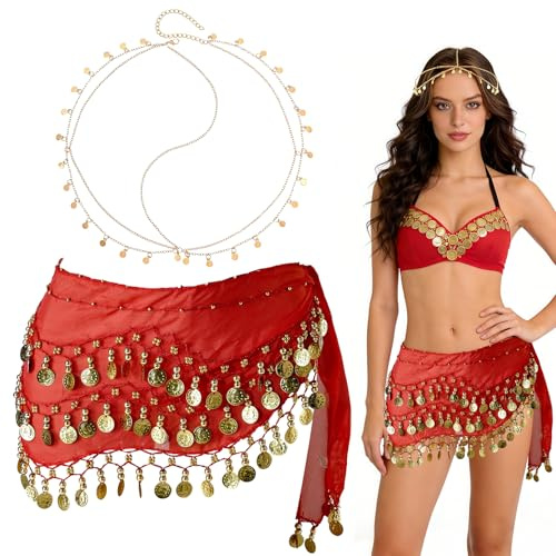 Cintura Danza del Ventre Donna, Gonna Danza del Ventre, Catena per Capelli con Paillettes, Cintura di Danza del Ventre in Chiffon, Sciarpa All'Anca di Danza del Ventre Donna Carnevale Costume