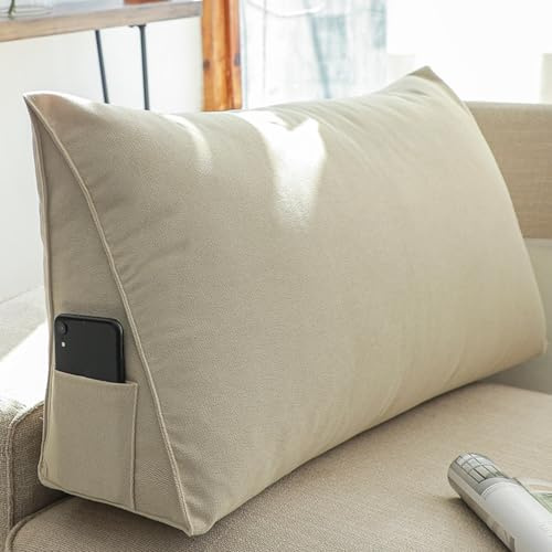 Generico Cuscino Schienale Triangolare/Cuscino da Lettura per Letto,Divano– Cuscino a Zeppa Ortopedico Confortevole con Tasca Laterale,Supporto Lombare Fodera Rimovibile Lavabile,Cream,60x35x20cm