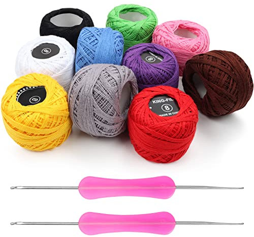 Kurtzy Colourful Crochet Yarn (10 Balls) - 2 Crochet Hooks Included (1mm & 2mm) - Each Thread Ball Weighs (20g/0.70oz) - Total of 1500m/1640 Yards of Coloured Cotton Yarn