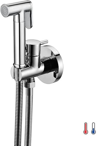 Kibath L473551 Grifo para el WC, higiene íntima para sustitución del Bidet, Monomando Agua fría y Caliente con Ducha de Mano. Diseño Redondo, Cromo Brillo