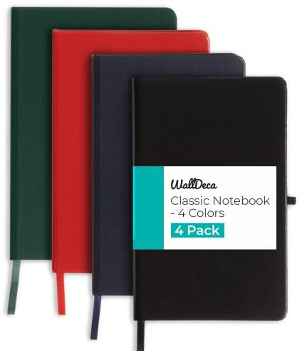WallDeca Klassisk linjerad anteckningsbok dagbok | hårt omslag, 240 sidor, linjerad 21 x 12,7 cm, elfenben 80 GSM-papper | skola, företag, högskola, anteckningar, journalföring (Multi - 4-pack)