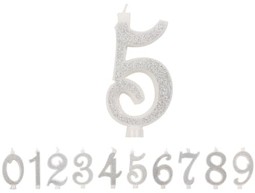 IDEGOS 10 cm Geburtstagskerzen, Zahl 5, 3D, silberfarben, Glitzer, Dekoration für Kuchen, Geburtstag, Kerzen für Kuchen, Hochzeit (Silber, 5)