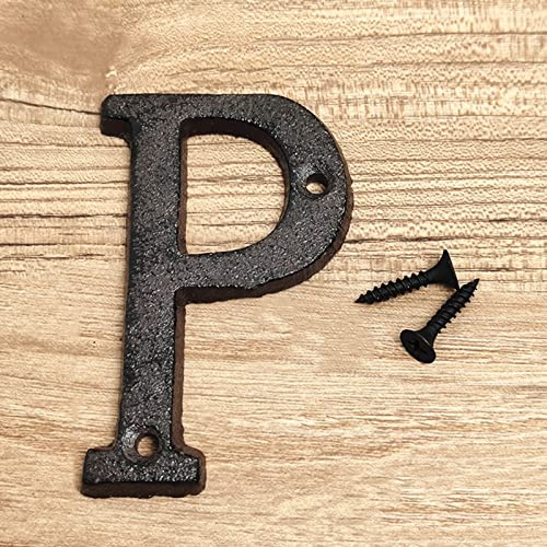 3D House Plaque Numbers 0-9 Letter A-Z Black Cast Iron 8cm Metal Digital Door Plate Sign with Screws Alphabet Home Outdoor Anti-Rust Exterior Signage Doorplate Hotel Apartment Street Mailbox (P)