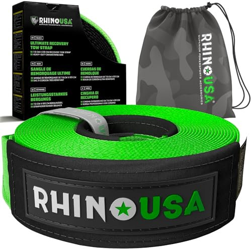 Rhino USA Recovery Tow Strap (7.6 cm x 6.1 m) - 13,600 kg Break Strength - Emergency Recovery Strap Tow Rope for Truck, UTV, ATV & More - Heavy Duty Towing Strap for Offroad 4X4 Use - Green