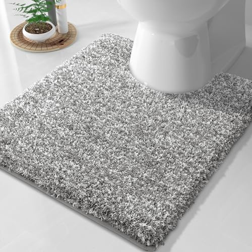 Yimobra Fluffy Toilet Rugs U Shaped, Shaggy Soft Comfortable Non Slip, Water Absorbent Microfiber Bath Mat, Dries Quickly, Machine Washable Thick Bathroom Floor Rugs, 24x 20, Light Gray and White