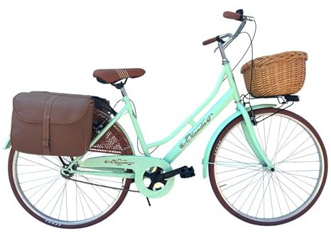 MADICKS Bicicletta Donna da Passeggio Olanda Misura 26 Bici da città Vintage retrò con Cestino Turchese (Cestino in Vimini e Borse)