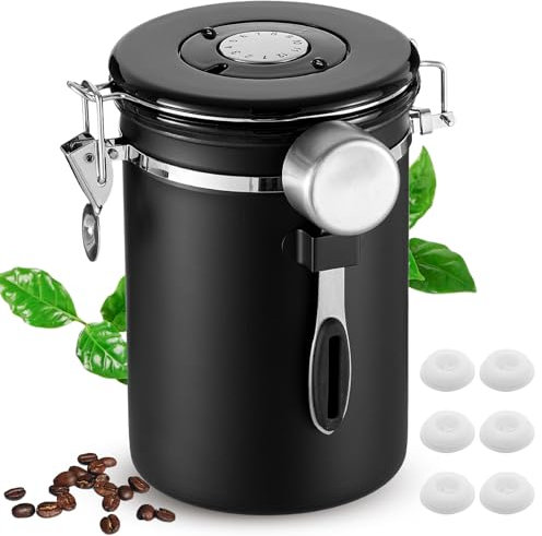 Esilihom Airtight Coffee Bean Storage, 1800ML Coffee Container, Stainless Steel Coffee Canister with Measuring Spoon, Date Tracker & 6 CO2 valve, Black