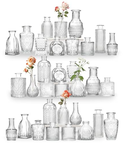 Glass Bud Vases, Set of 32, Mini Flower Vases for Centrepieces, Vintage Bottles for Table Decorations, Wedding Decor, Home, Clear (32, Clear)