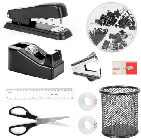CEWROM Büromaterial, Schreibtischzubehör Schwarz, Büro Zubehör, Hefter und Klebebandabroller Set, mit Heftklammerentferner, Heftklammern, Stifthalter, Clips, Schere, Geschenke für Kollegen (Schwarz)