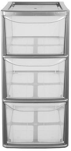 Medium Lightweight & Strong Silver Plastic Storage Tower Unit With 3 Clear Drawers (1)