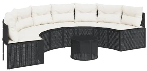 vidaXL Gartensofa mit Tisch und Kissen Halbrund Schwarz Poly-Rattan, Terrassensofa, Loungesofa, Loungemöbel, Outdoor Sofa, Lounge Set, halbrundes Sofa