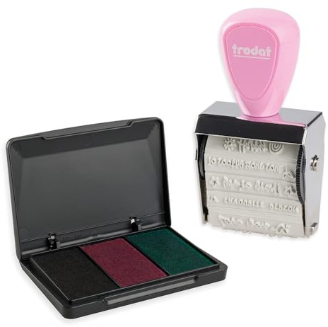 Trodat Creative Mini stämpelset barn meddelanden för kreativ design – 12 avtryck, engelska, kreativa stämplar i pastellrosa inkl. stämpelkudde i rosa, svart, grön, 30 x 5 mm