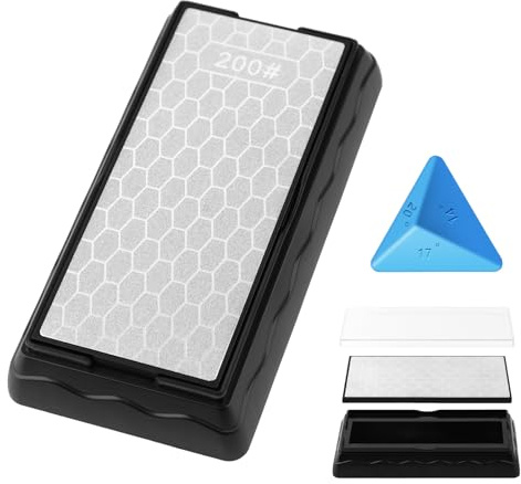 Doppelseitiger Diamant-Schleifstein, Messerschärfstein mit extra feiner 600/grober Körnung 200, Aufbewahrungsbox mit rutschfester Basis und Winkelführung (17,8 x 8,9 cm)