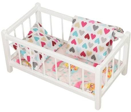 Puppenbett Holz WEISS mit Matratze und Herz-Bettwäsche