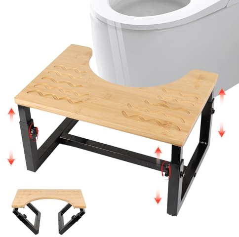 BlyeMichdi Sgabello WC in Bambù con Cuscinetti Antiscivolo, Gradini Fisiologici in Legno per Toilette, Sgabello per Adulti Pieghevole, Altezza Regolabile, Salute del Colon, Costipazione ed Emorroidi