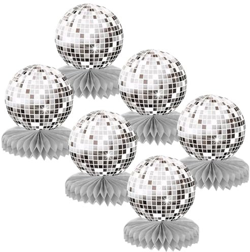 Disco Honeycomb Centerpiece Silver DiscoTheme Party Honeycomb Centerpieces Silver Paper Disco Balls Table Decorations 70s 80s 90s DiscoParty Table Decorations DiscoBall Centerpieces, 6 Pcs