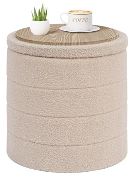 PINPLUS Sgabello Pouf Contenitore, Cassapanca Rotondo Ottomano con Contenitore, Pieghevole Poggiapiedi in Teddy 43x43x45 cm, per Soggiorno, Camera da Letto e Corridoio, Beige