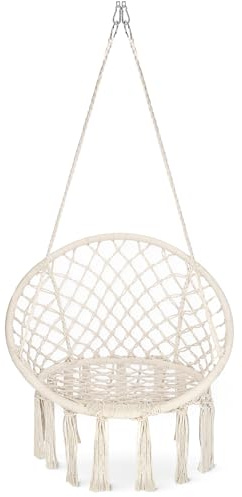 4FIZJO Hängesessel Boho, Makramee hängesessel, Garten schaukel, Hängekorb, Schaukelkorb, Therapieschaukel Kinder, Hängesessel Indoor & Outdoor, Hängesitz Patio-Rasen, Maximale Belastung 125 kg, Beige