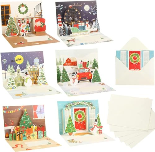 LOMIMOS 6 PCS 3D Tarjeta de Votos de Navidad con Sobres, Tarjeta Pop Up Navidad Feliz Navidad Tarjetas Árbol Reno Kit de Votos Para Familia Amigos Regalo