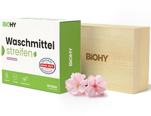 BiOHY Laundry Detergent Leaves with Spring Fragrance (1 x 60 Pieces) + Wooden Storage Box, Sustainable Universal Travel Detergent without Plastic, 100% Biodegradable Washing Paper