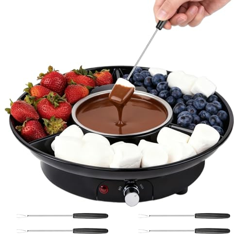 Set Fonduta di Cioccolato Elettrico, Pentola da 280 ml con 2 Livelli di Temperatura, Pentolino in Alluminio Rimovibile, Vassoio di Servizio e 4 Forchette, Ideale per Serate Romantiche