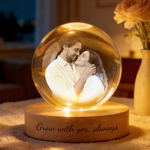 VEELU Personalised Crystal Ball Light Valentines Gifts for Him Her Color Changing 3D Crystal Photo with Wood Base Memorial Gift for Pets Babies Parents Couples Birthdays Anniversary (Style 1)