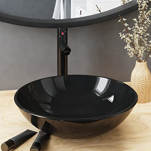 Genérico Lavabo de baño Grifo y desagüe de Empuje Vidrio Templado negro-3098450