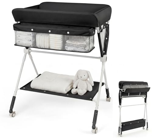 GYMAX Folding Baby Changing Table, Hight Adjustable Infant Diaper Changing Station with Wheels and Storage Basket, Portable Newborn Care Station (Black)