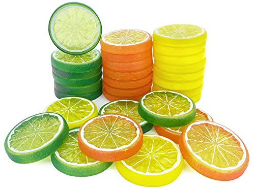 Lorigun 30 stücke Gefälschte Zitronenscheibe Garnieren Künstliche Frucht Faux Food Haus Dekoration (Rot Grün Gelb, Jede Farbe 10 Stücke)