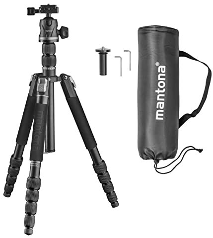 Mantona DSLM Travel Evolution 224 - Trípode de viaje ligero con equipamiento completo, rótula panorámica de 360°, compatible con Arca-Swiss, aluminio, cierres Fliplock DSLM Travel Evo Max 255, 173 cm,