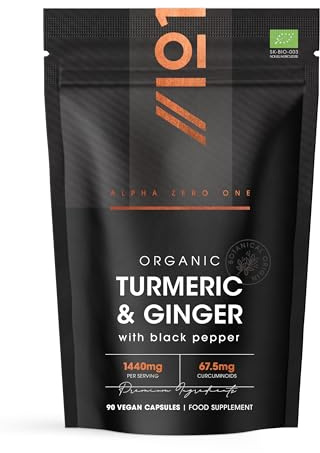 Organic Turmeric 1440mg with Ginger & Black Pepper - High Strength Curcuminoids - 90 Vegan Capsules - Resealable and Recyclable Pouch - By Alpha01