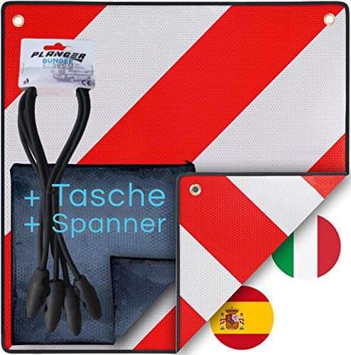 Cartello carichi sporgenti omologato 2in1 Italia/Spagna - Versione con custodia e elastici fissaggio -Pannello retroriflettente carico sporgente per carrello auto rimorchio, portabici, camper e altri