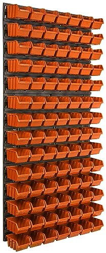 Etagere murale 98 bacs a bec oranges, panneau murale 58 x 117 cm Etagere empilable pour garage, atelier, banc de travail, systeme de rangement modulable, fixer au mur