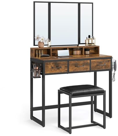 VASAGLE Doppel-Unterschrank-Set mit gepolstertem Hocker, Schminktisch mit Dreispiegel, 3 Schubladen, Haartrockner, Schminktisch, industrieller Stil, rustikal braun und schwarz RVT004B01
