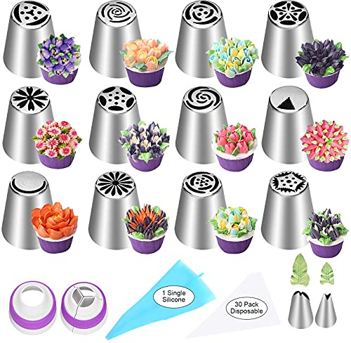 Juego de 47 puntas de pastelería rusas, 12 boquillas de glaseado de flores para decoración de pasteles, suministros para hornear galletas y cupcakes, 2 puntas de hojas, 2 acopladores, 30 bolsas para