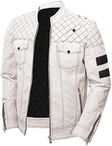 HiFacon Veste de moto en cuir véritable pour homme Cafe Racer - Collection vintage - Blanc - Medium