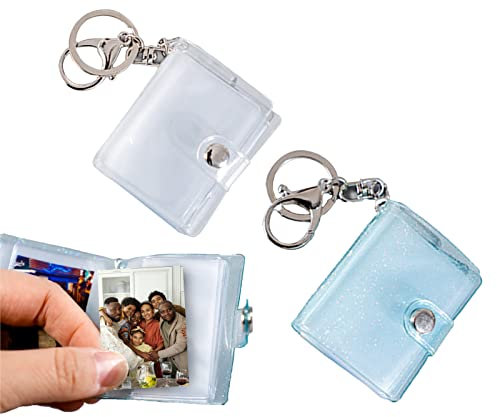 ZoeTekway Mini album fotografico portatile, 2 pezzi, con chiusura a moschettone e anello portachiavi, 32 tasche, foto personalizzata per riporre foto da 2 pollici (blu lucido e bianco chiaro)