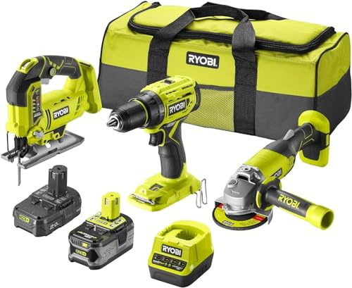 Ryobi RCK183A-242S, Kit di Utensili 18V One+ da 3 pezzi a batteria, Trapano Avvitatore + Seghetto + Smerigliatrice Angolare 115 mm + 1 batteria da 4.0Ah + 1 batteria da 2.0Ah + Caricabatterie + Borsa