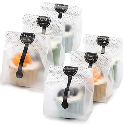 (400Pcs) 200 Pack Translucent Cellophane Bags for Bakery Party Supplies (9x3.4 Inch) - Clear Plastic Cookie Candy Wrapping Bags with 200 Handmade Stickers, Ideal for Chocolate Cake Snack Packaging