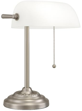 LIGHTACCENTS Bankers Desk Lamp with White Glass Shade, Nickel Finish - Traditional Desk Light for Home Office, Reading, Piano, Bedside