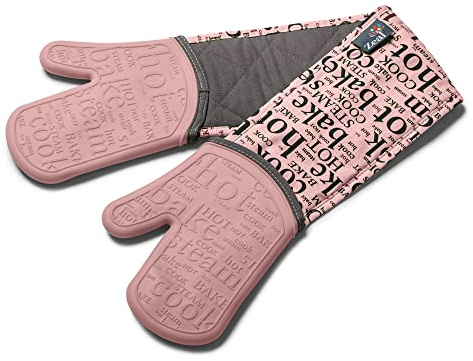 Zeal Silicone Double Oven Gloves, Heat, Steam and Water-Resistant Mitts with Quilted Fabric Inner, Non-Slip Grip. Perfect for Cooking and Baking. Machine Washable, Rose Pink