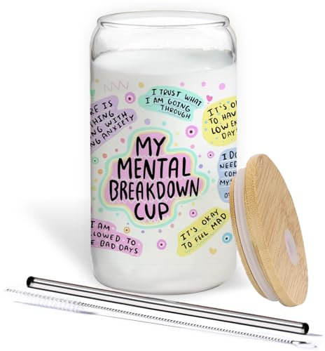 BEHIFL Positive psychische Gesundheit Geschenke – My Mental Breakdown Cup Glastasse mit Deckel und Strohhalmen, 400 ml, inspirierende tägliche Bestätigungen für Frauen, Glas-Kaffeebecher mit